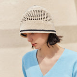 VA Top Button Knit Crochet Bucket Hat / Cream