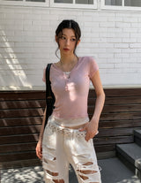 See-through layered button cap sleeve short sleeve