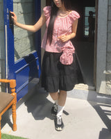 Lupu Checkered Cap Sleeves Shirring Blouse