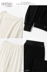 ワッフル アシンメトリカル オフショルダー スウェットパンツ セット (TOP+PANTS SET)