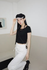 Black Layered Halterneck Strap Short Sleeve T-shirt