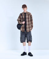 87-STAN074 Vintage Palm Tree OverFit Long Sleeve Check Shirt