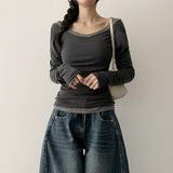 Ad-Spandex High-Neck String Layered Women's Fit Deep V-Neck Long-Sleeved T-Shirt