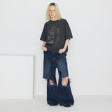 Destroyed Knee Wide Denim Pants Blue & Purple