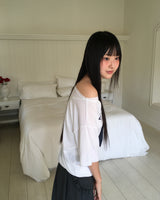 Lune ボートネック オフショルダー プリント半袖 Tシャツ