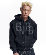 Washed Leather Patch Hooded Zip-Up - Black