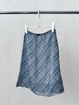 blue checkered chiffon flare midi skirt