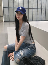 Redo Damage Washing Wide Denim Pants