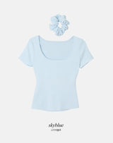 #Back Slit Square Short Sleeve Knit + Scrunchie Set (5color)