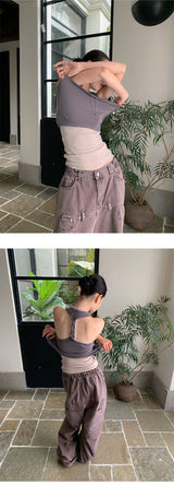 バックストラップスパンデックスコットンノースリーブTシャツ