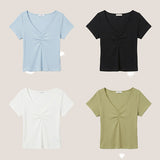 オリーブ🥑 リブ シャーリング Vネック ショートスリーブ Tシャツ(4 Colors)