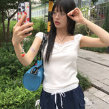 ウィティンガールコアレースシャーリングハートネックパフノースリーブTシャツ