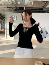 Black Strap Point Long-Sleeved Slim T-Shirt