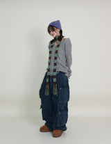 ラバーVネックダメージカットポイント長袖ニット (wool material)