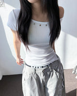 Hotcross Rivet Off-Shoulder Ribbed Crop T-Shirt 5color
