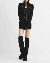 Dark Wash Denim Jacket + Deep Black Knit Set