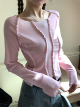 Back see-through lace long-sleeved T-shirt