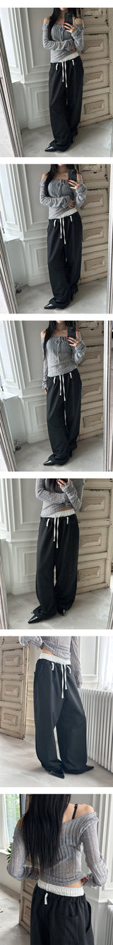 [Unisex] レイヤードベルトストライプバンドパンツ(2color)