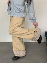 Monique Check Color Matching Cotton Wide Banding Pants