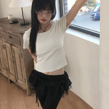 Rook back opening ribbon strap short sleeve t-shirt
