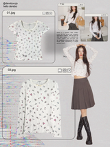 Print Cotton Bow Round Long Sleeve Tee