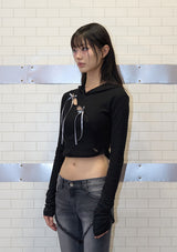 wave lace ribbon hoody - black