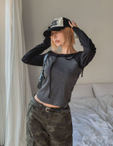 Five Strap Off Shoulder Stripe Long Sleeve