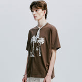 パームツリー＆アイレットチェーンニードルワークTシャツ　ブラウン