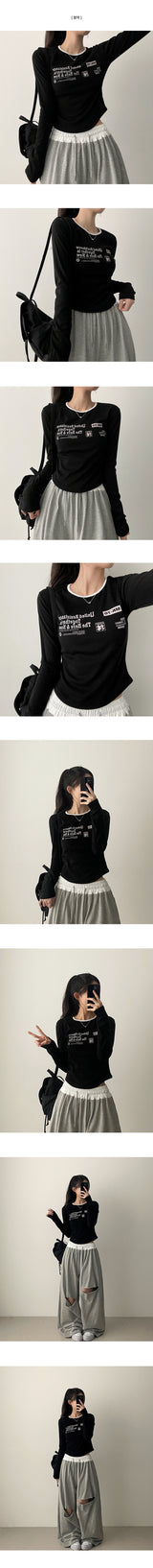 Gling Coloring Round Lettering スリムフィット長袖Tシャツ