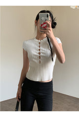 Hollow slit slim ribbed short sleeve tee