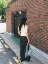 Sirom Ribbon Strap Ribbed Off Shoulder Short Sleeve T-Shirt