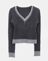 Ripin Color-Block V-Neck Slim Bouclé Long-Sleeve Knit