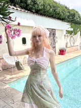 ROSE ISLAND ホルターネックライトピンク&グリーンフローラルワンピース