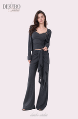 ロイヤル チャコール フリル トレーニング スリーピース セットアップ (Cardigan+Sleeveless+Pants)