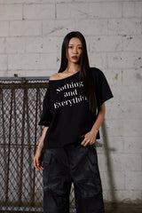 Lettering Oversized One-Shoulder T-Shirt - Black