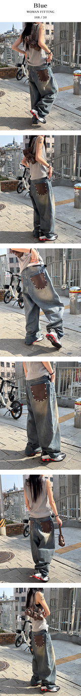 [Unisex] Back leather pocket wide pants