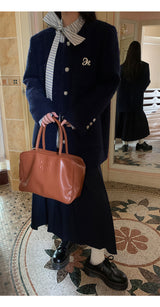 Renee Navy No Collar Round Half Coat