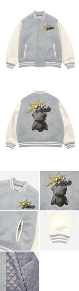 24FW PIXEL BEAR ARTWORK VARSITY JACKET MELANGE
