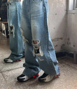 [Unisex] ニーデストロイドワイドデニムパンツ