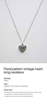 Floral pattern vintage heart long necklace