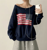 Ture unbalanced off-shoulder American flag sweatshirt