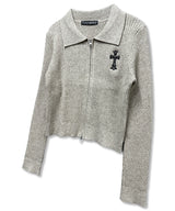 Gothic Cross Embroidery Knit Zip-Up_Beige