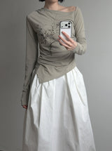Ink Painting Flower One-Shoulder Off-Tee