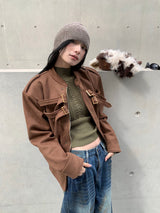 Suede lace-up no-collar jacket