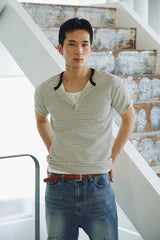 Stripe slim henley neck half t-shirts(Ivory)