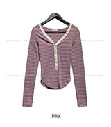 Odd Snap Deep V-Neck Stripe Long Sleeve