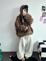 ストライプフリースワンサイドストリングアノラックニットスウェット 💙🩶🧡3COLOR