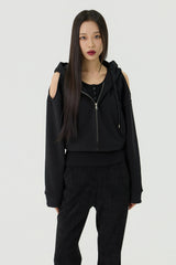 Shoulder Cutout Crop Hooded Zip-Up, Black