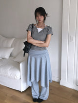26SS★ [MADE/Skirt+Pants SET] Forin Bootcut Pants Unbalance Shirring Flare Layered Skirt