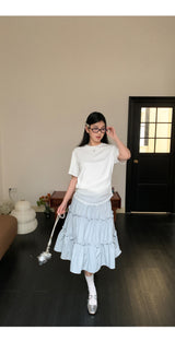 Lace shirring round loose fit short sleeve tee